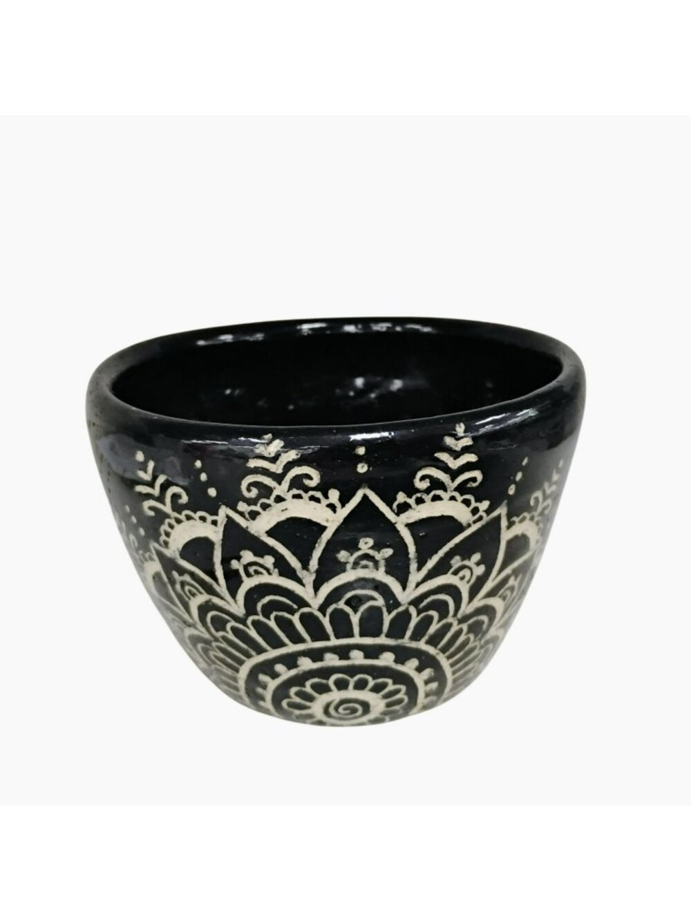 Black Ceramic Mandala Sgraffito Bowl 4" Artisan Handcrafted Art Pottery Signed